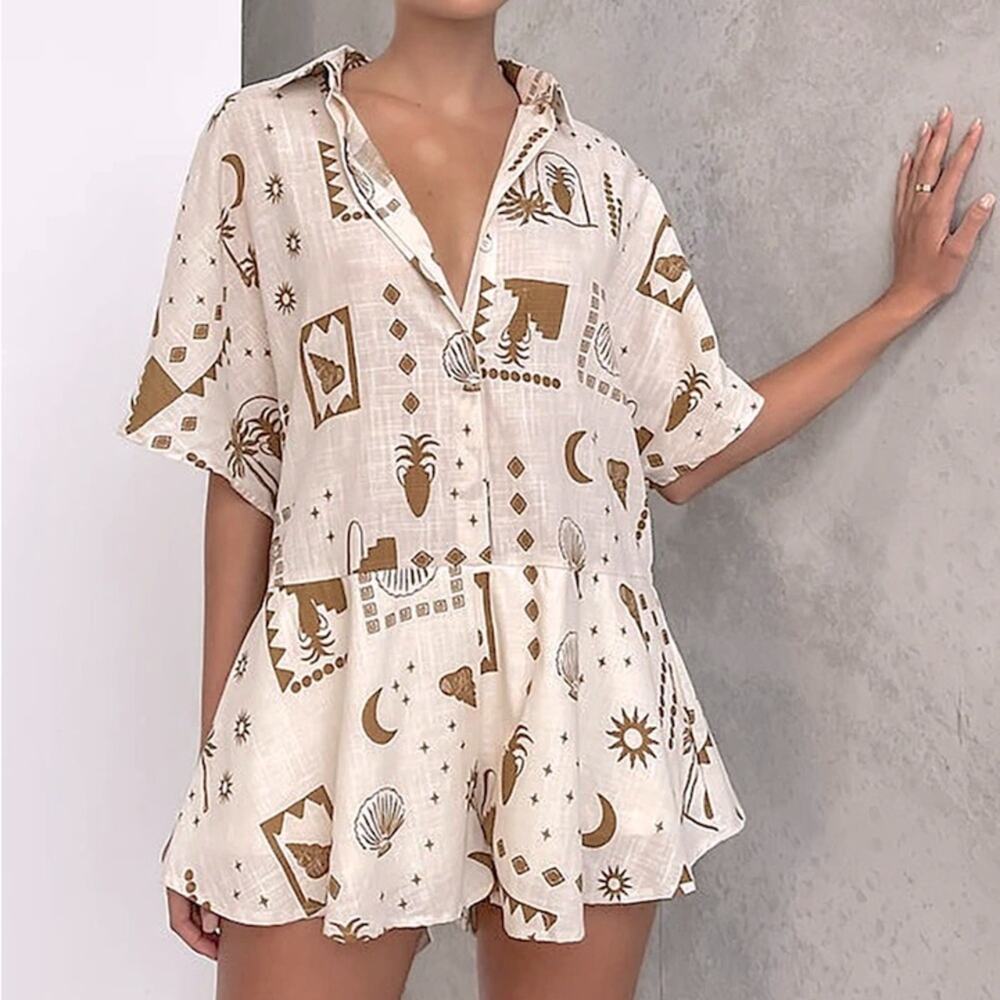 Commense Cream Beach Greece Printed Short Sleeve Romper